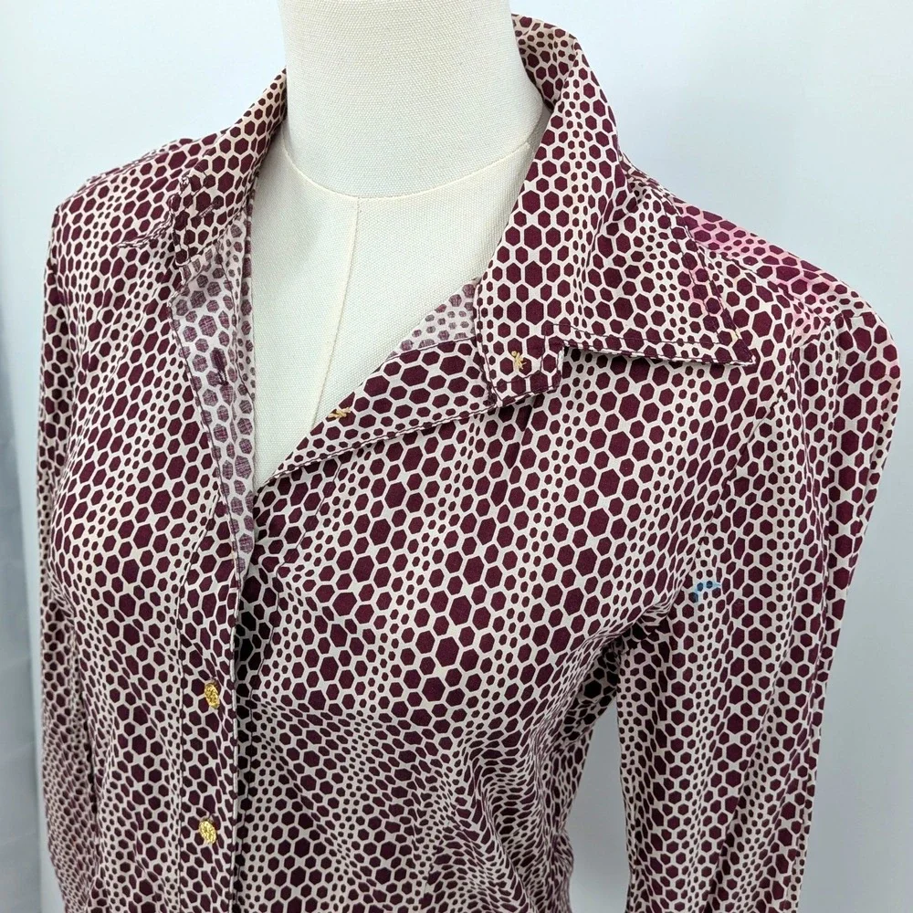 Tory Burch Burgundy‎ Geometric Button Front Shirt 6 Cotton Stretch